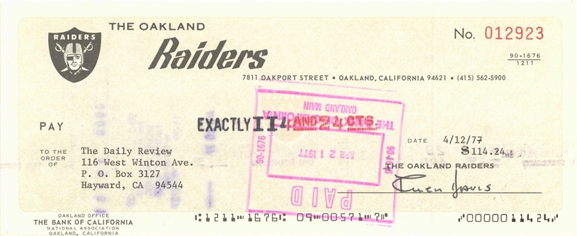 1977 Al Davis Signed Oakland Raiders Check (PSA/DNA)